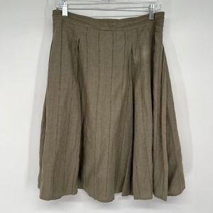 Burberry Cotton Pleated Eyelet Striped Skirt Women's Size 4 Olive Green Midi